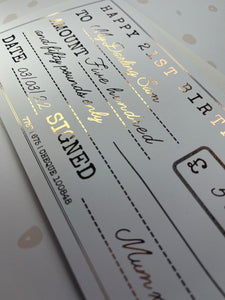 Personalised foil gift cheque