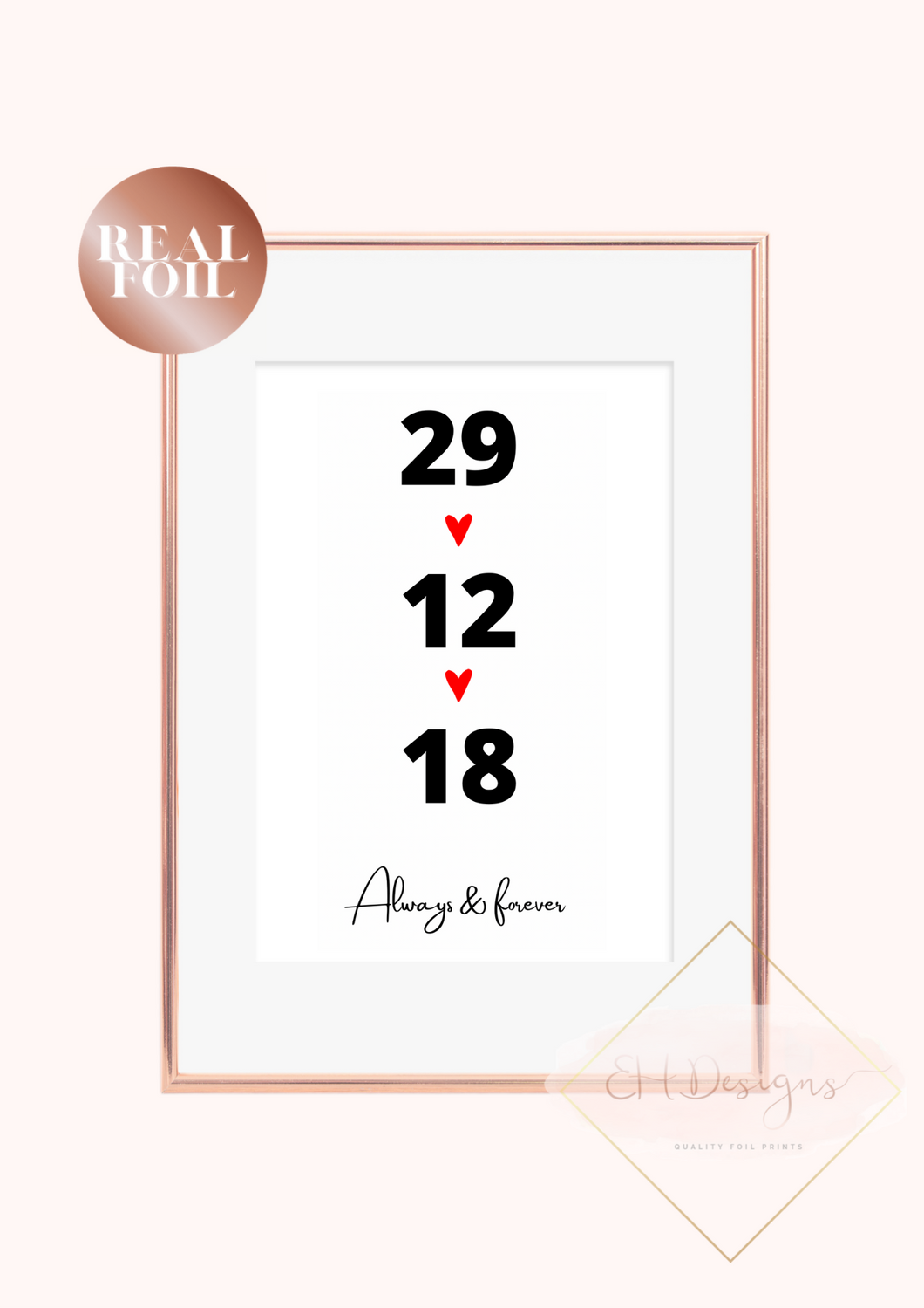 Date print with red hearts